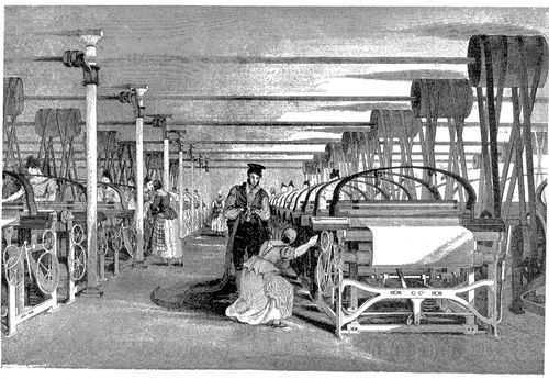 A woman works at a powerloom while a man oversees the work.