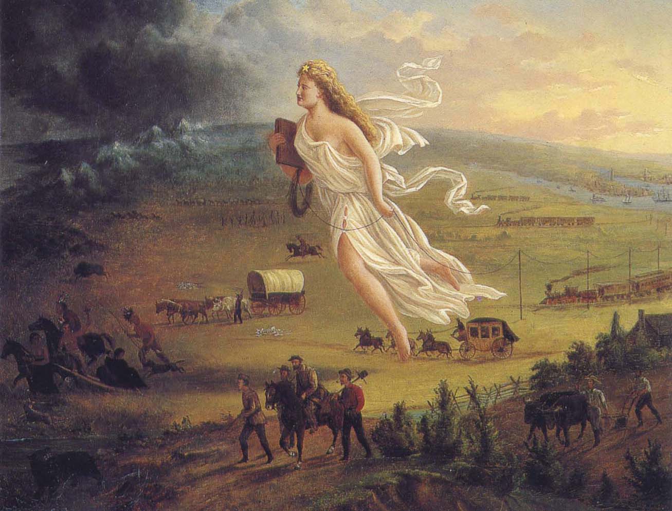 Propaganda painting showing Columbia, a female figure representing America, is shown carrying the values of republicanism (as seen through her Roman attire), and progress (the telegraph) as she leads pioneers and settlers to the West.