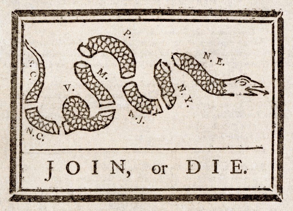 Join or Die political cartoon showing a snake that is fragmented into the different colonies.