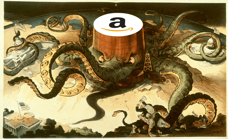 This political cartoon is the recreation of the original 1904 political cartoon depicting the monopoly of Standard Oil, with an octopus coming out of an Amazon factory.