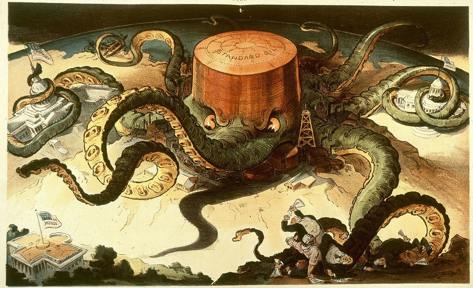 Political cartoon showing a Standard Oil tank as an octopus with many tentacles wrapped around the steel, copper, and shipping industries, as well as a state house, the U.S. Capitol, and one tentacle reaching for the White House