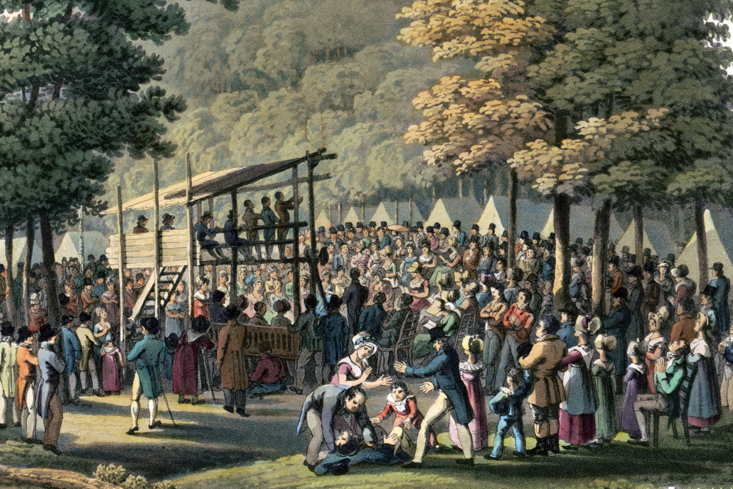 Painting of a crowd gathered to hear speakers who stand on a platform. They are preachers at a revival during the Second Great Awakening.