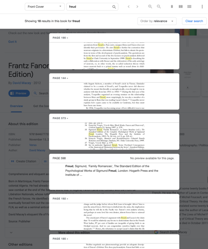 Screen shot of a google books result of the book Franz Fanon: A biography. The search shows that the word Freud appears 18 times in the book. 