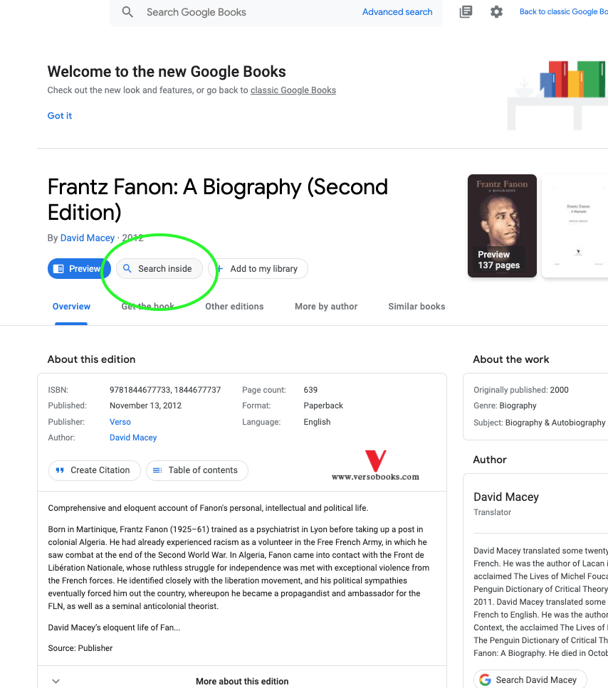 Google books page for the book Frantz Fanon: A biography. The button Search Inside Book is circled. 