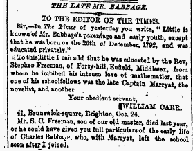 A letter to the editor of the New York Times adding information to the obituary of Charles Babbage