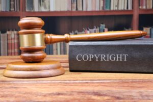 Judge's gavel and copyright law book