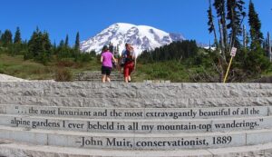 Stone stairs with a quote carved into them: "...the most luxuriant and the most extravagantly beautiful of all the alpine gardens I ever beheld in all my mountain-top wanderings." - John Muir 