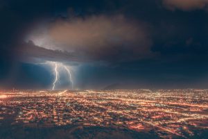 A lightning storm over a city