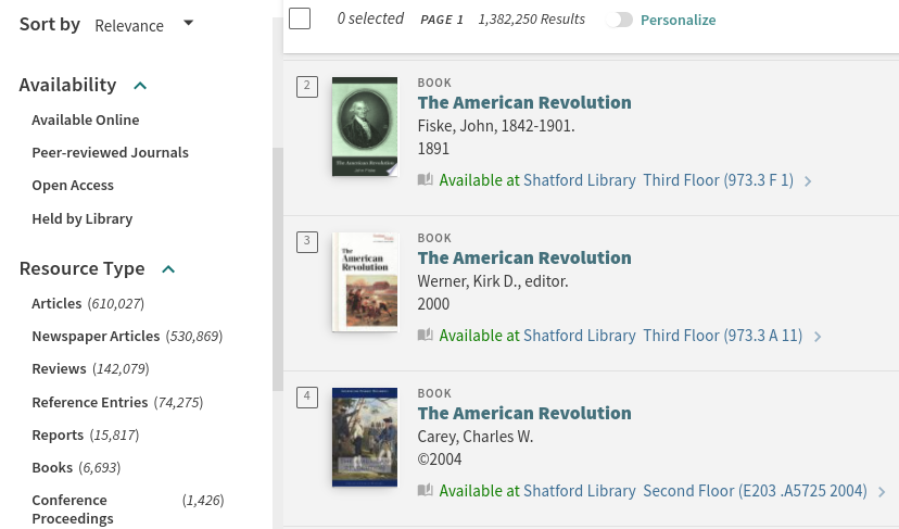 A list of search results in A library catalog displaying search filters and items for the American Revolution.