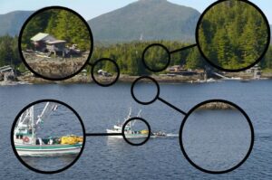 An image of an Alaskan bay. Circles define close-ups of different aspects of the image: the boat, the house, the trees, the water