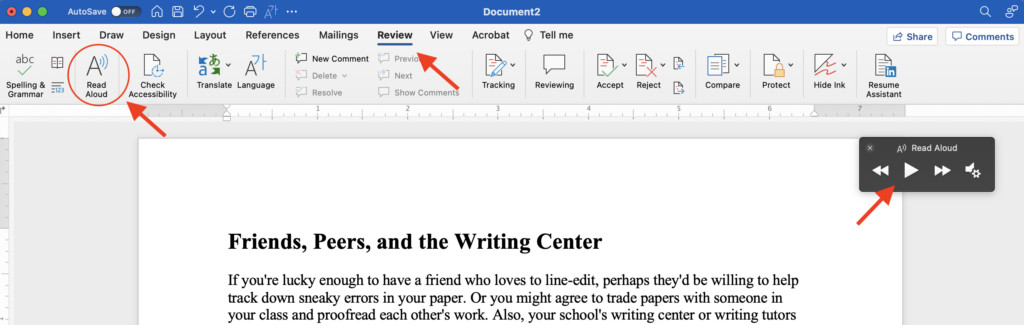 Screen capture of a Word document showing how to use text to speech. 