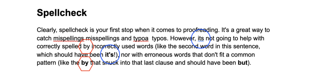 Screen shot of grammar check in Google docs, with blue squiggly line under the word its, which is misused in the sentence.