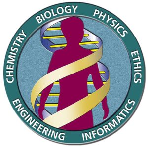 A logo of a person with a DNA ribbon around it. Around the border are the words "Chemistry, Biology, Physics, Ethics, Informatics, Engineering"