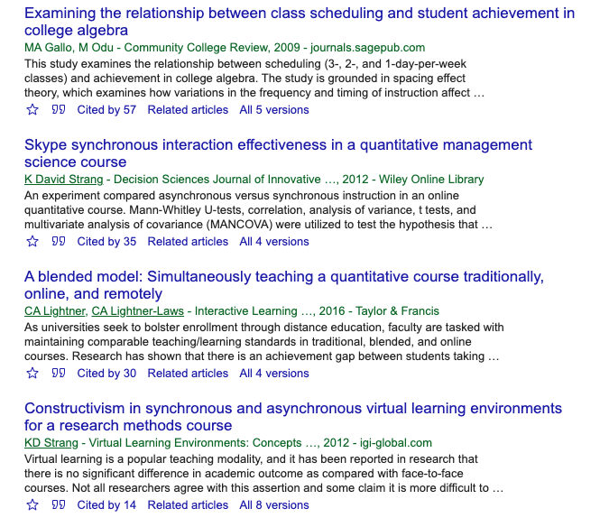 An example of Google scholar results including titles like "Examining the relationship between class scheduling and student achievement in college algebra" and "Skype synchronous interaction effectiveness in a quantitative management science course" 