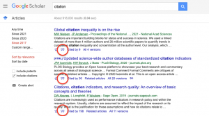 Screenshot of google scholar results, with citation button circled