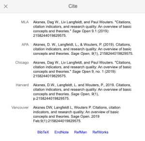 Screenshot of bibliographic information from google scholar's citation generator