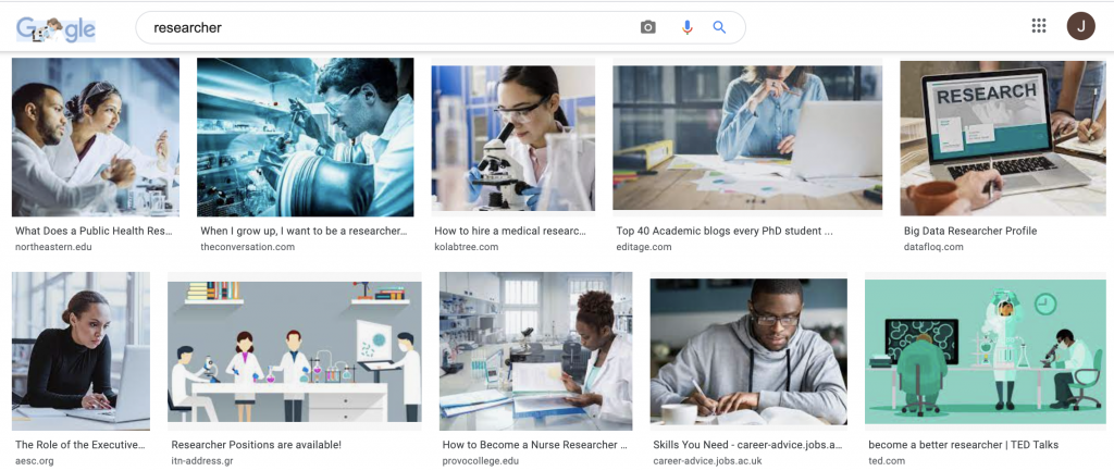 Google image search results for the word researcher. The 10 results are mostly pictures of lab scientists.