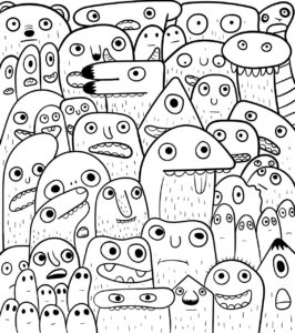 A black and white drawing of a crowd of cute monsters