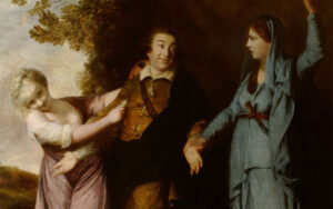 A painting in which a man is pulled in two directions by two women. 