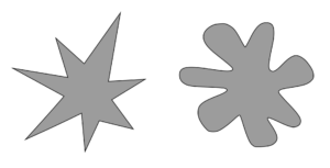 A spiky, star-shaped abstract figure on the left and a more rounded, bulbous, flower-shaped figure on the right.