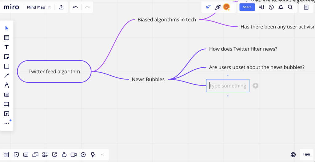 Mind map creation software. We see part of a mind map with the topic Twitter feed algorithm followed by subtopic News Bubbles and sub sub topics How does Twitter filter news? and Are users upset about the filter bubbles? 