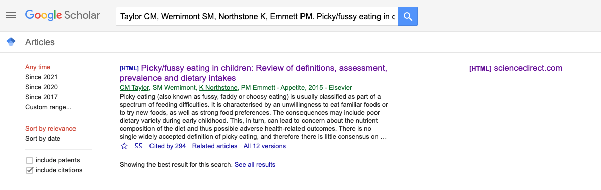 A google scholar search entry for an article called "Picky/fussy eating in children: Review of definitions, assessment, prevalence and dietary intakes". We see that there is an html version of the article available.