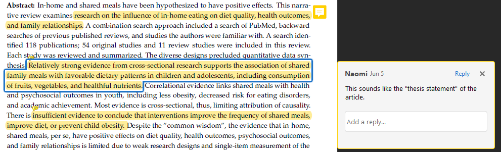 Screenshot of an annotated article. The following sentence is highlighted as the thesis statement: Relatively strong evidence from cross-sectional research supports the association of shared family meals with favorable dietary patterns in children and adolescents, including consumption of fruits, vegetables, and healthful nutrients.