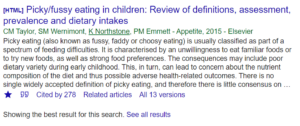 Screen shot of google scholar article entry called Picky/Fussy Eating in Children. The star icon below the citation is checked.