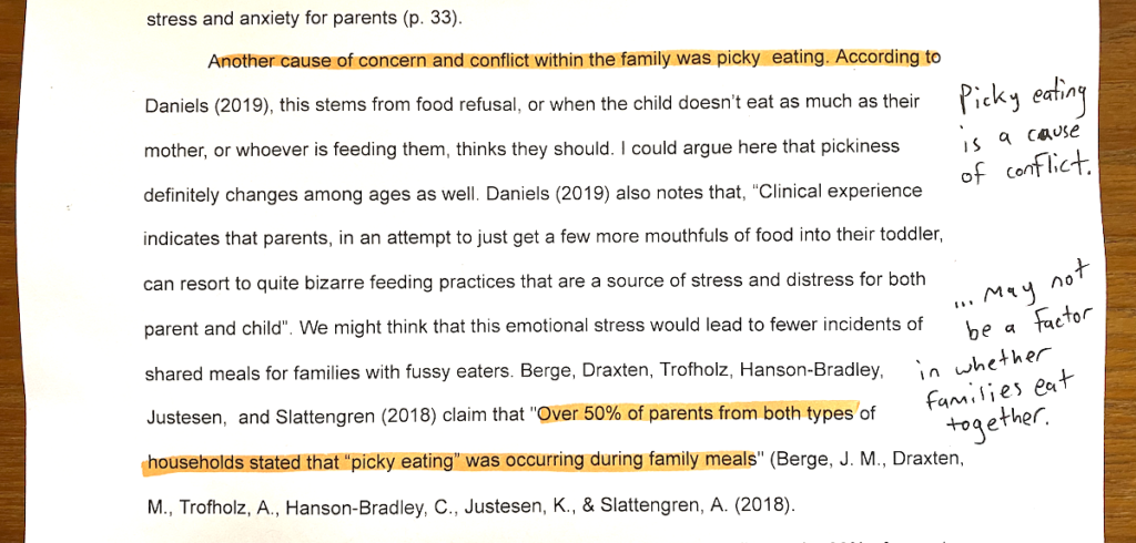 Printout of a paragraph. Two sentences are highlighted. One says: "Another cause of concern and conflict within the family was picky eating". The other says: "Berge, Draxten, Trofholz, Hanson-Bradley, Justesen, and Slattengren (2018) claim that "Over 50% of parents from both types of households stated that “picky eating” was occurring during family meals"" Handwritten in the margin are two notes. At the top of the paragraph: Picky eating is a cause of conflict. Toward the end: "but may not be a factor in whether families eat together."