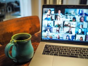 Video conference with many participants on a laptop