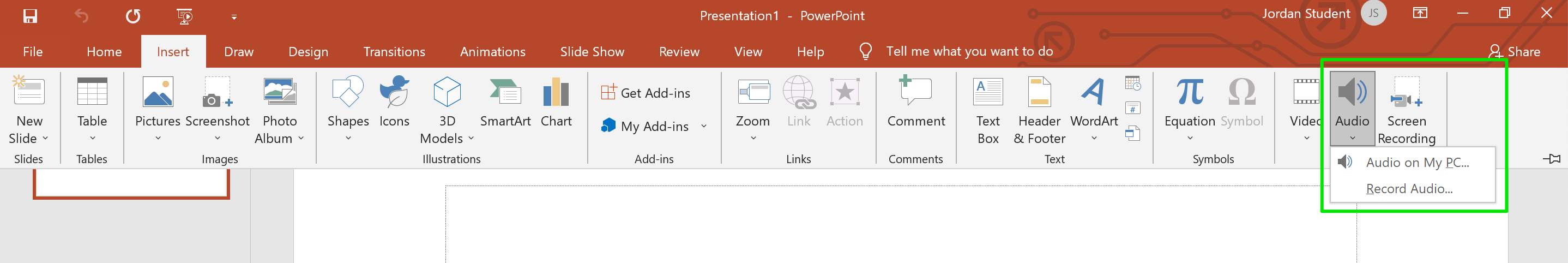 Screenshot of PowerPoint Insert Audio option on the ribbon.