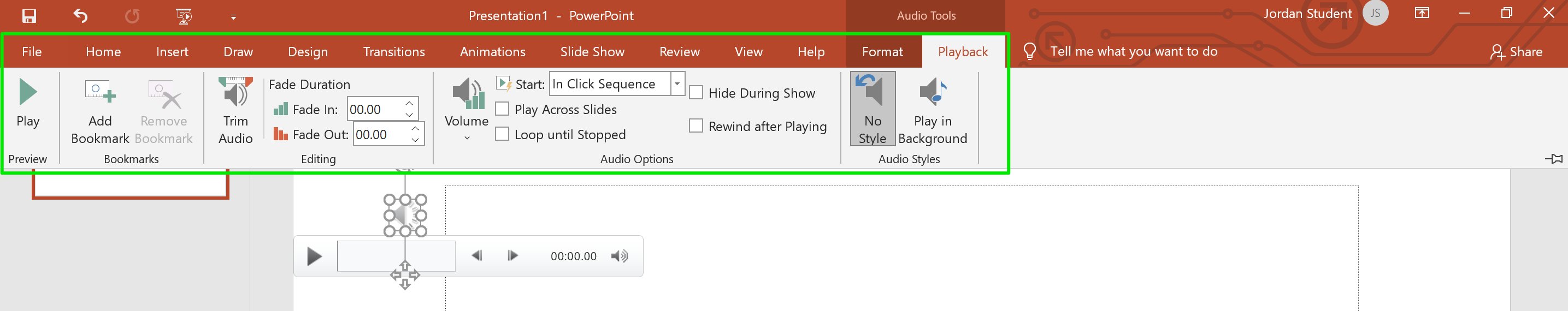 Screenshot of PowerPoint Audio Tools Playback tab of the ribbon.