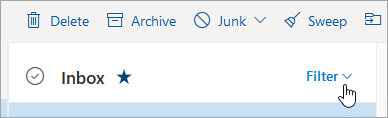 A screenshot of the inbox tab in Outlook, with a dropdown on the right hand side that says filter.