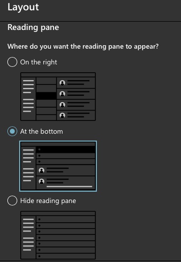 A screenshot of Outlook layout settings, where users can choose to display the reading pane to the right, the bottom, or to hide the reading pane.