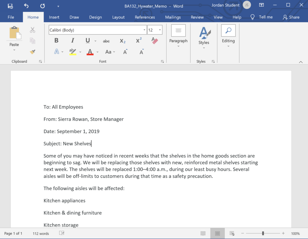 A Microsoft Word document is open with a memo written on it.