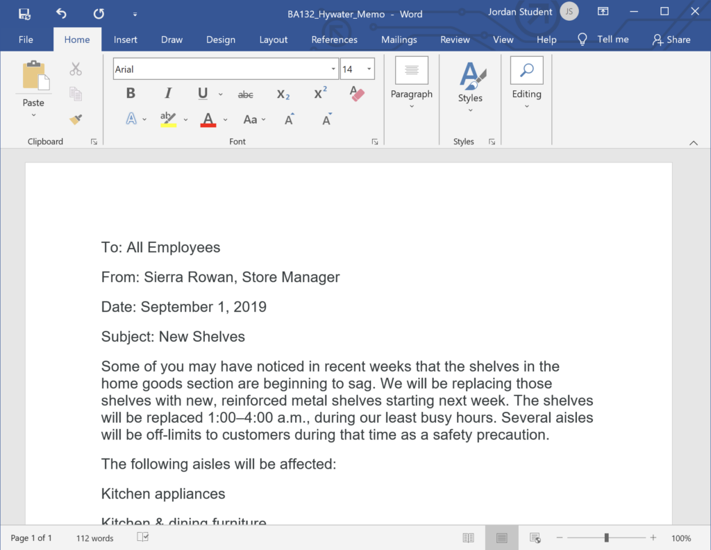 A Microsoft Word document is open with a memo written on it. The font size has been set to 14.