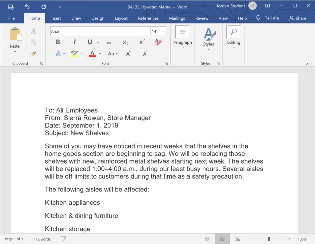 A Microsoft Word document is open with a memo written on it. The first line of the document is selected.