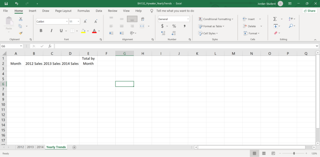 Spreadsheet in Microsoft Excel with unformatted headings in rows A through E. They are as follows: Month, 2012 Sales, 2013 Sales, 2014 Sales, and Total by Month.