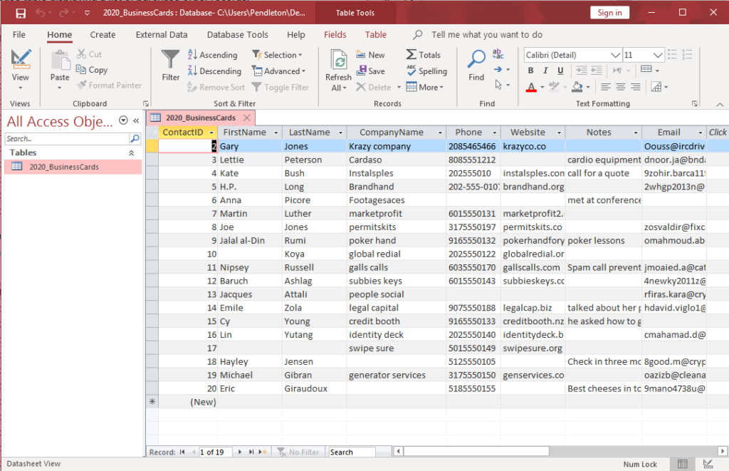 A table within Access that has contact entrees visible.