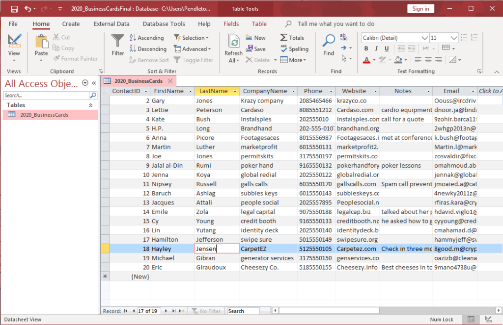 Information from the table being added into the empty cells of the Access database.