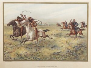 Painting of White man chasing Native Americans on horseback.