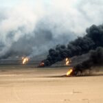 Burning oil fields in Kuwait.