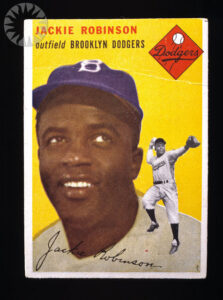 Jackie Robinson's baseball card, showing a picture of Jackie, the Brooklyn Dodgers' logo, and his position, which was outfield. This card has Jackie's signature written along the bottom. 