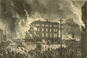 destruction of the union depot showing smoke and people running away