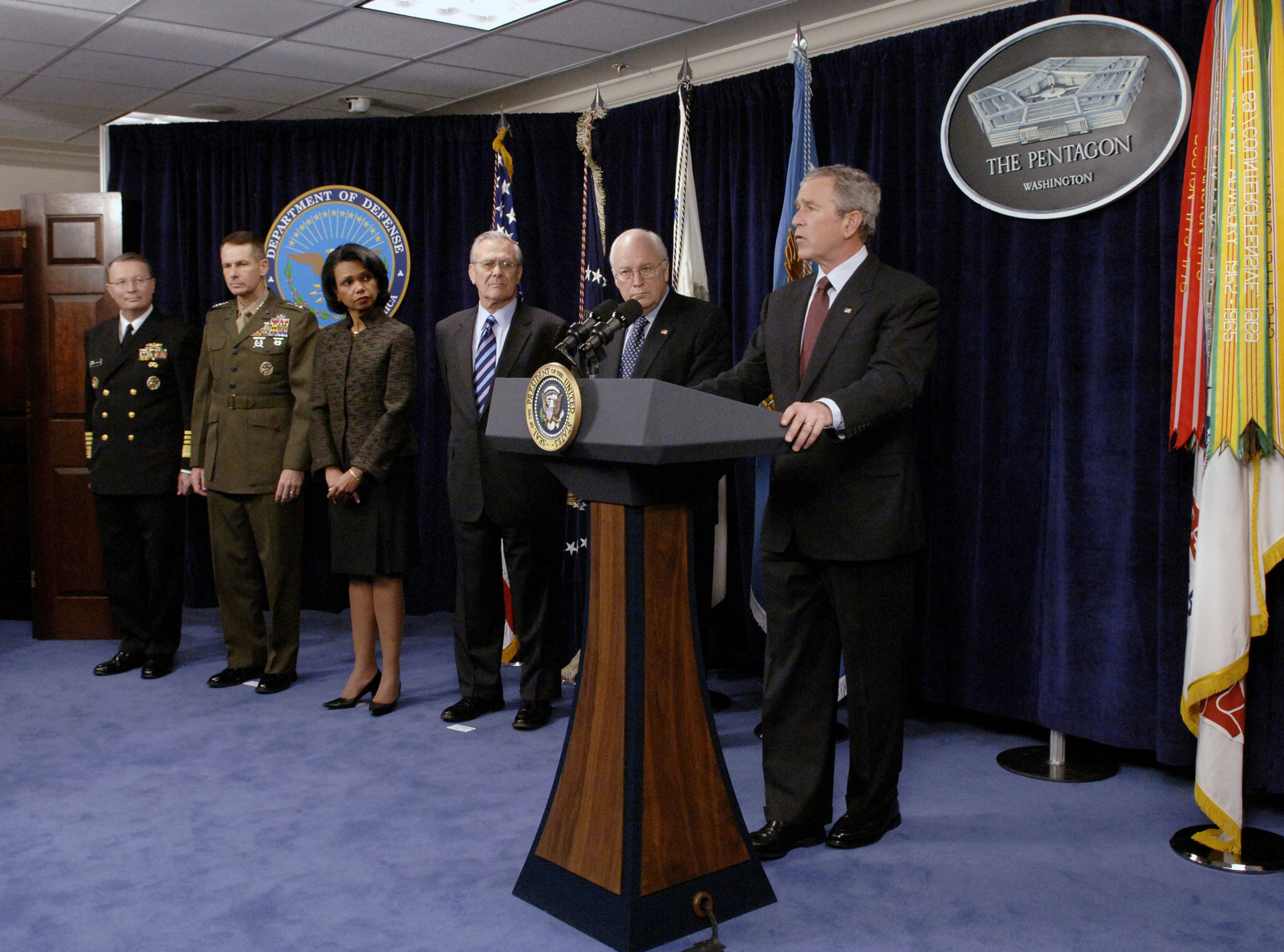President George W. Bush, Chief of Staff to the President U.S. Navy Adm. Andrew Card; Chairman of the Joint Chiefs of Staff U.S. Marine Corps Gen. Peter Pace; Secretary of State The Honorable Condoleezza Rice; Secretary of Defense The Honorable Donald H. Rumsfeld; and U.S. Vice President Richard Cheney all gathered in the Pentagon.