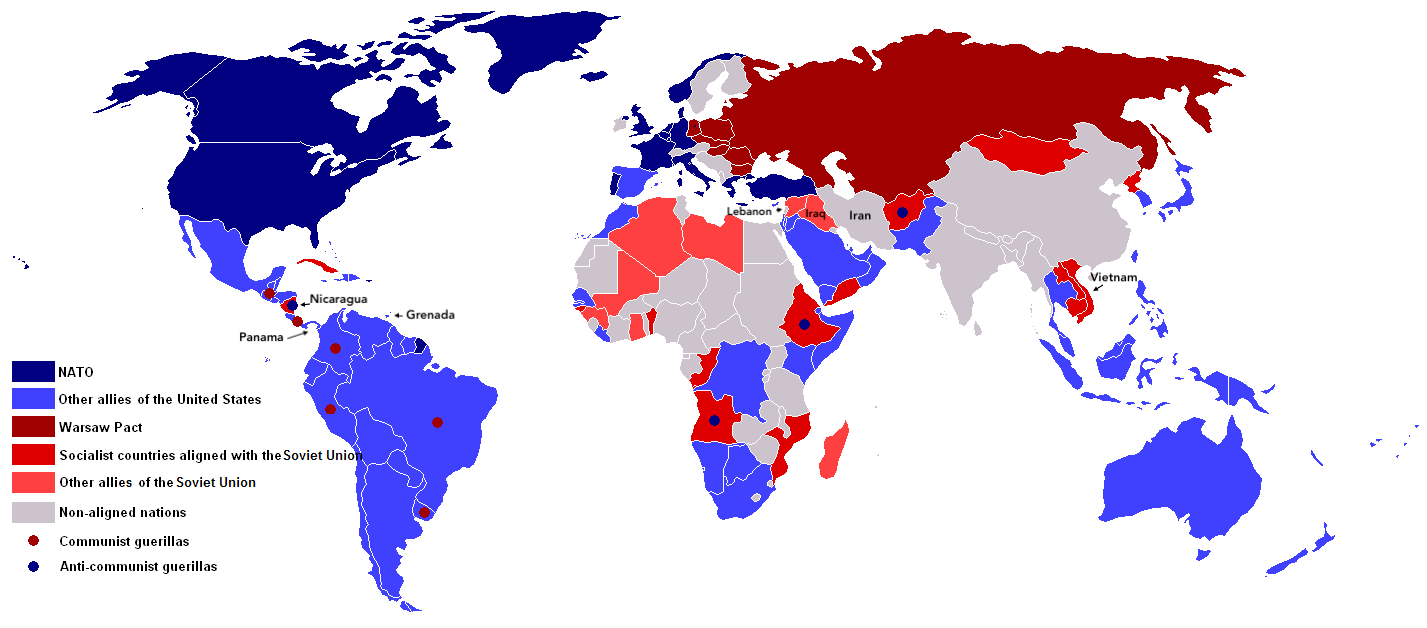 World map showing Cold War nations and areas allied with the U.S. (in blue) and those allied with the Soviet Union (in red). Panama, Nicaragua, Grenada, Lebanon, Iran, Iraq, and Vietnam are shown.