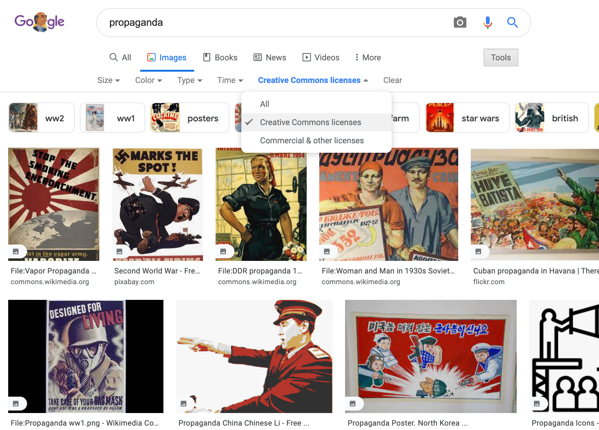 google search results showing the image search, then creative common licenses selected.