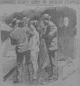 A sketch showing a woman standing naked (only her backside is exposed) while Spanish men search her body.