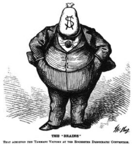 Political cartoon showing Boss Tweed with his face as a money bag.