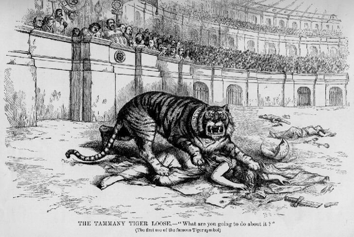 Political cartoon drawing depicting a Tiger (Tammany Hall) devouring a participant in a gladiator-like scene, with spectators.